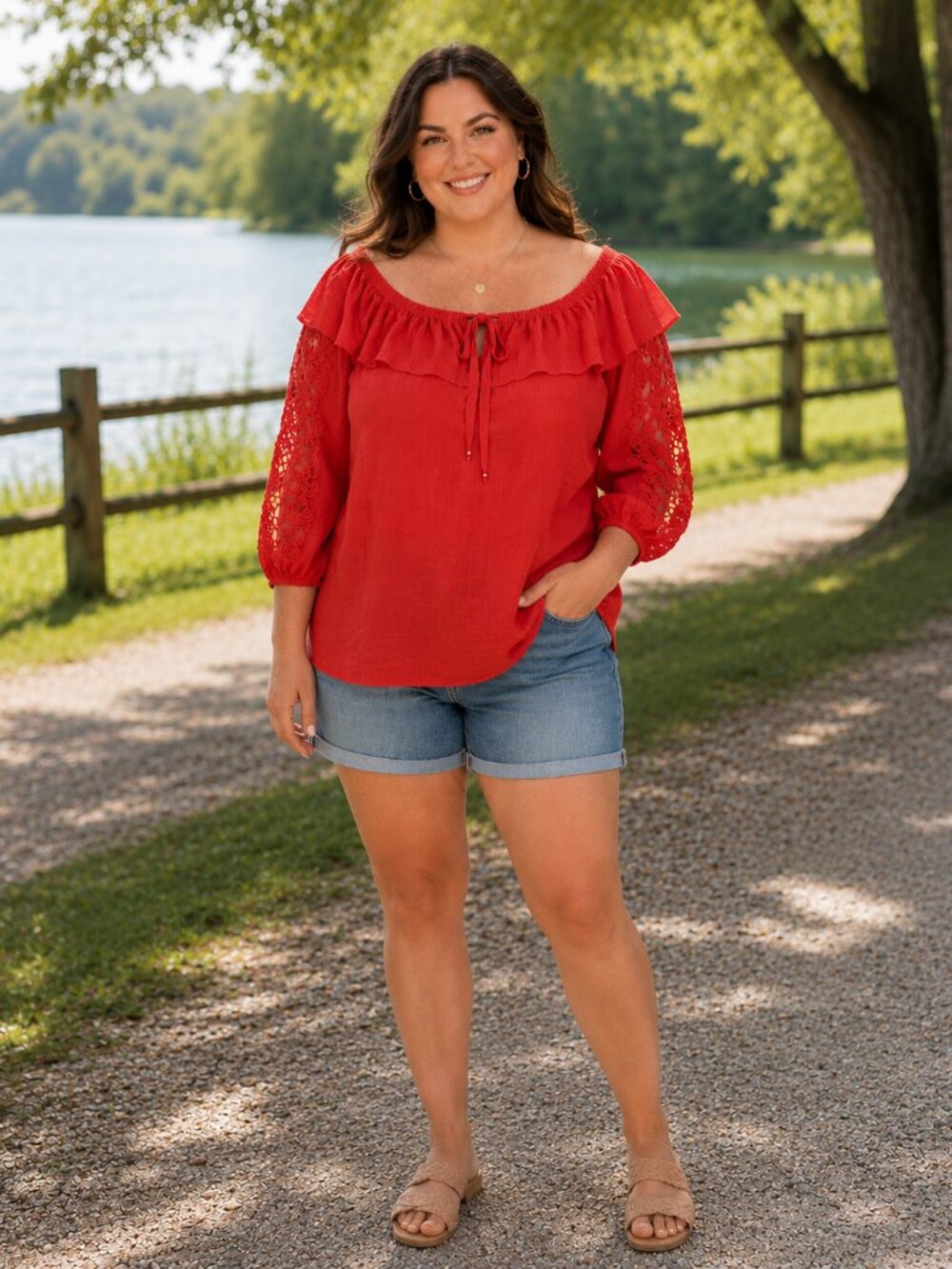 Cato Plus Size Boho Peasant Blouse 18/20W - Coral Lace Off-Shoulder Top